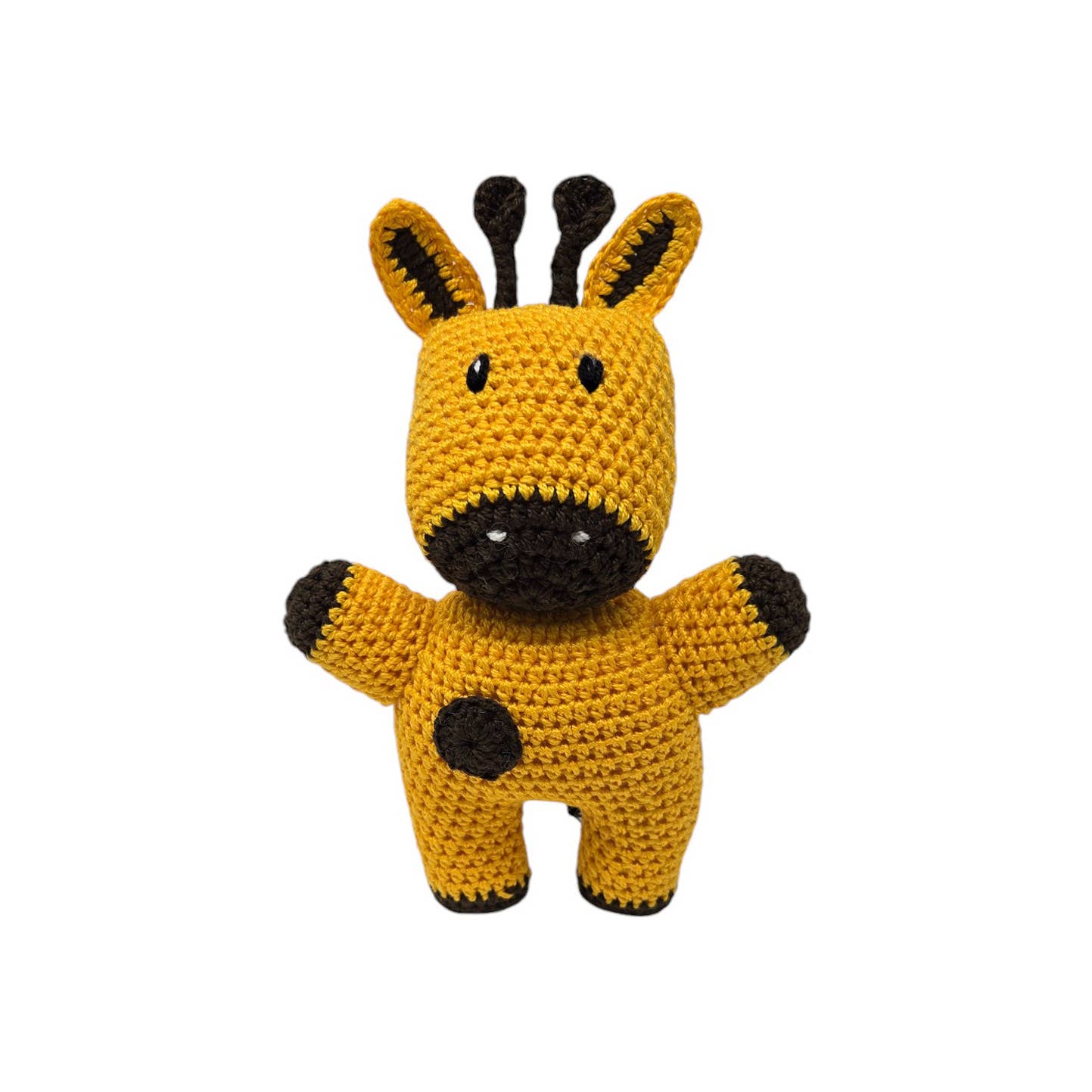 Crocheted giraffe toy on a white background