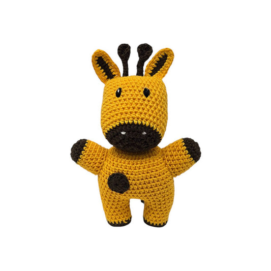 Crocheted giraffe toy on a white background