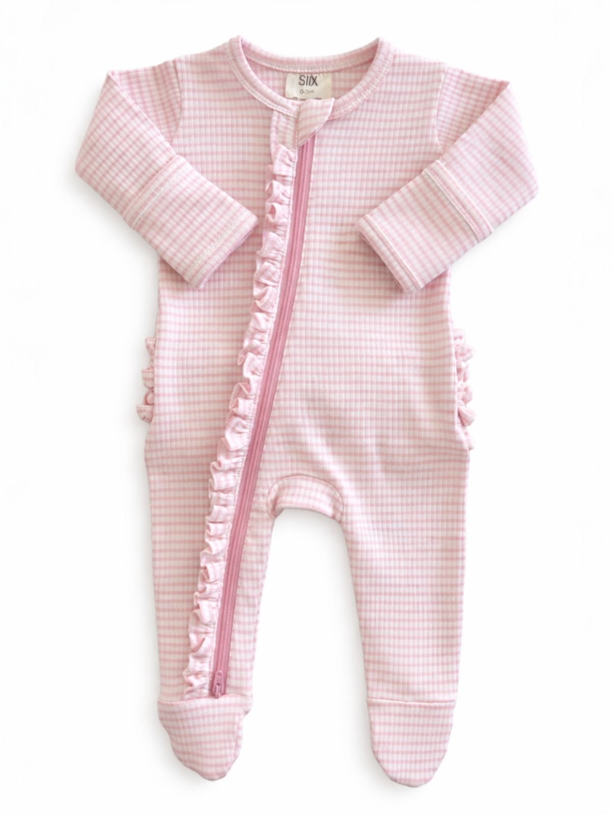 A pink and white gingham long-sleeve baby footed sleeper with a pink zipper and ruffle trim, shown flat on a white background.