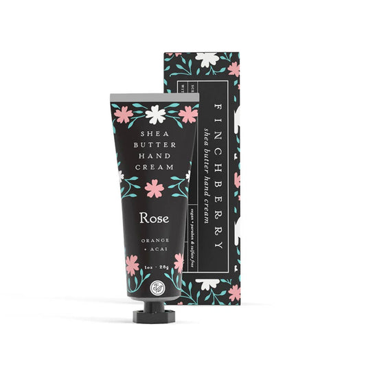 Shea butter hand cream with floral design and 'Finchberry' branding on a white background