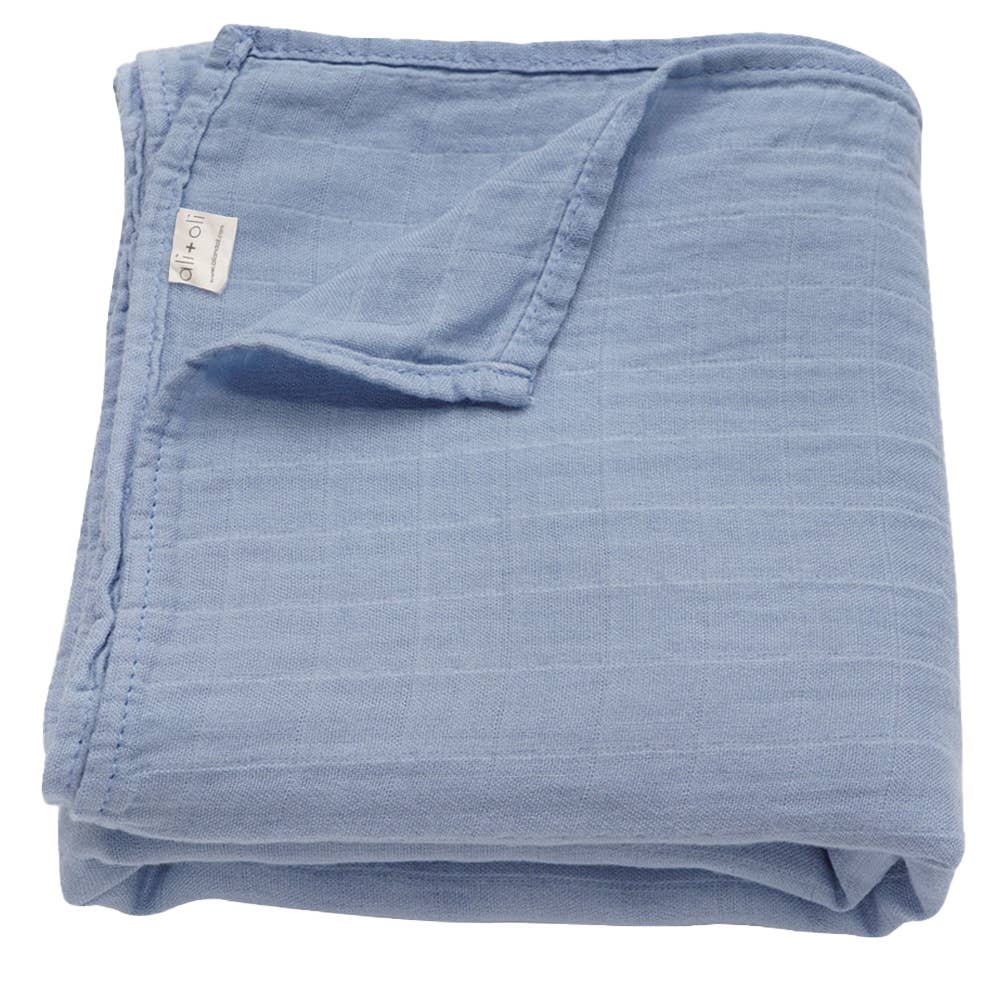 Folded blue fabric blanket on a white background