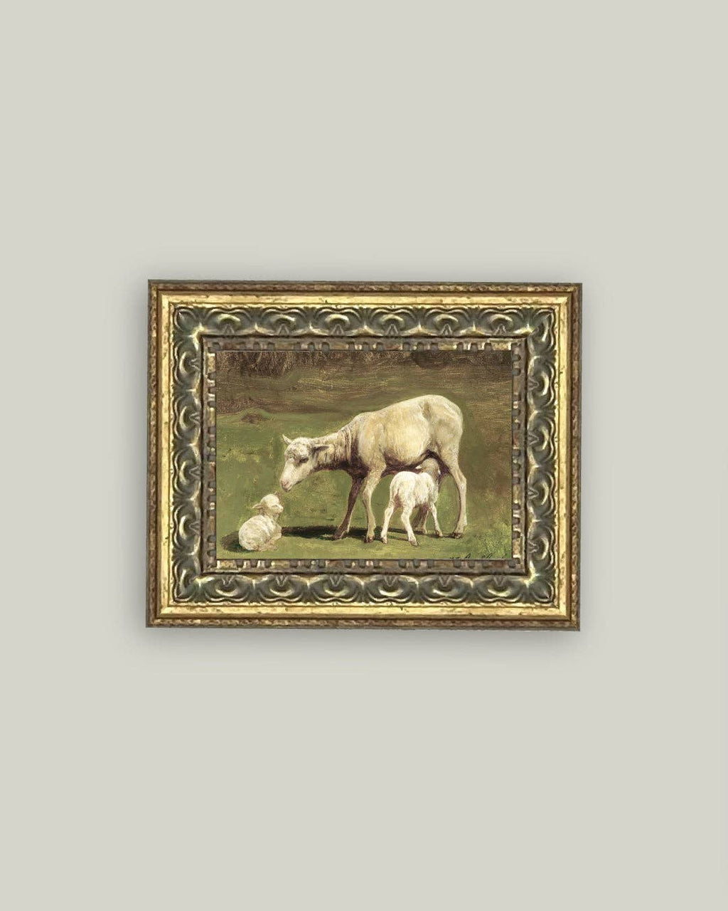 Ewe and Two Lambs Framed Antique Art