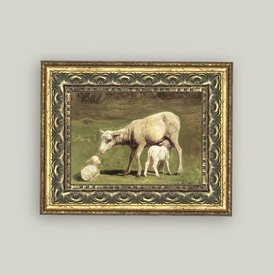 Framed painting of a sheep and lambs on a grassy field.