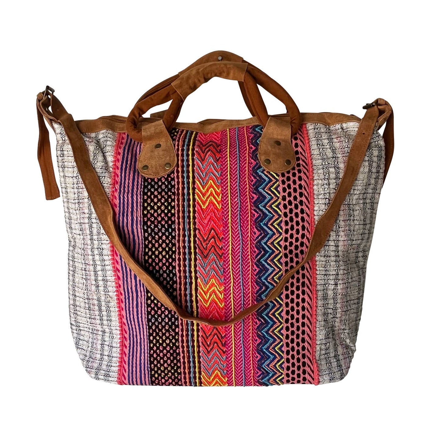 Pink Stripes Leather Handle Tote