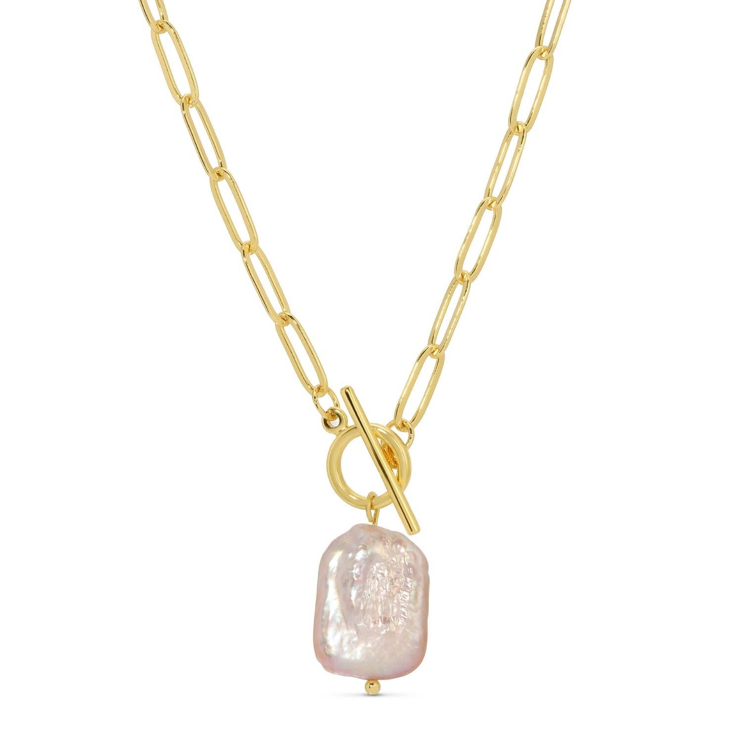 Gold necklace with a large pearl pendant on a white background