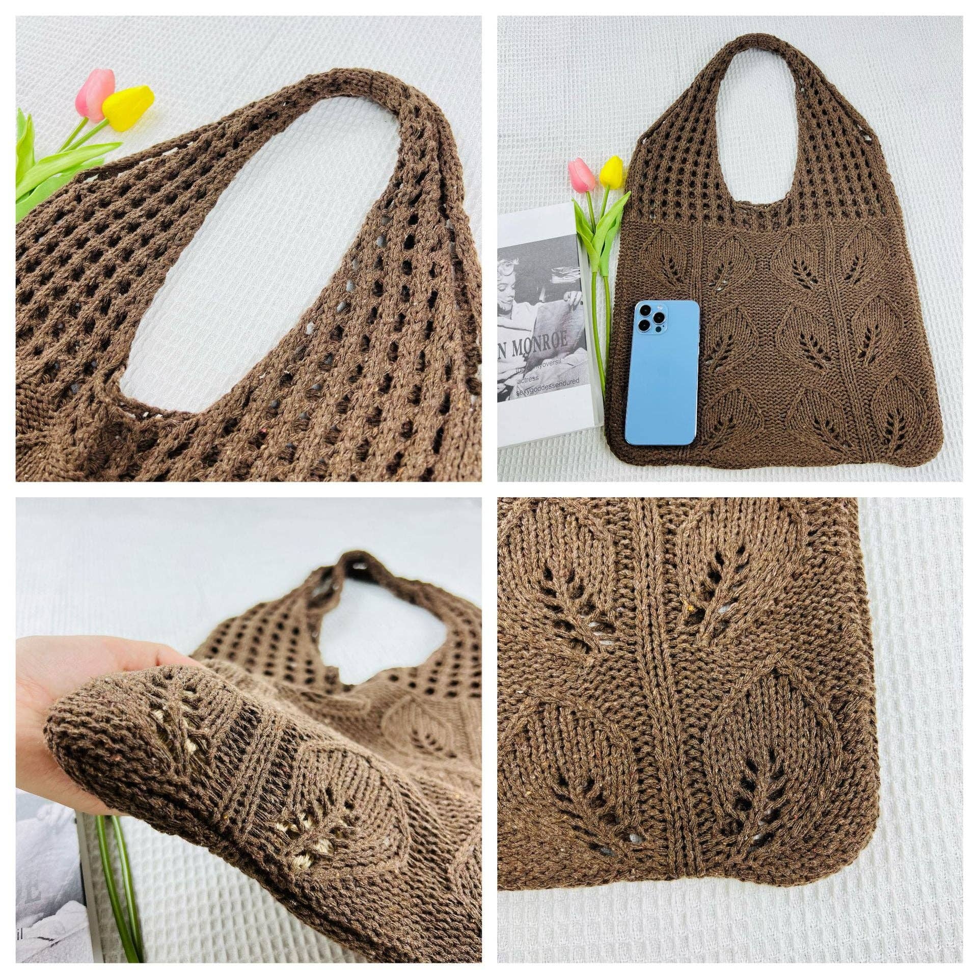 Solid Color Hollow Out Knit Shoulder Tote Bag DPB1606