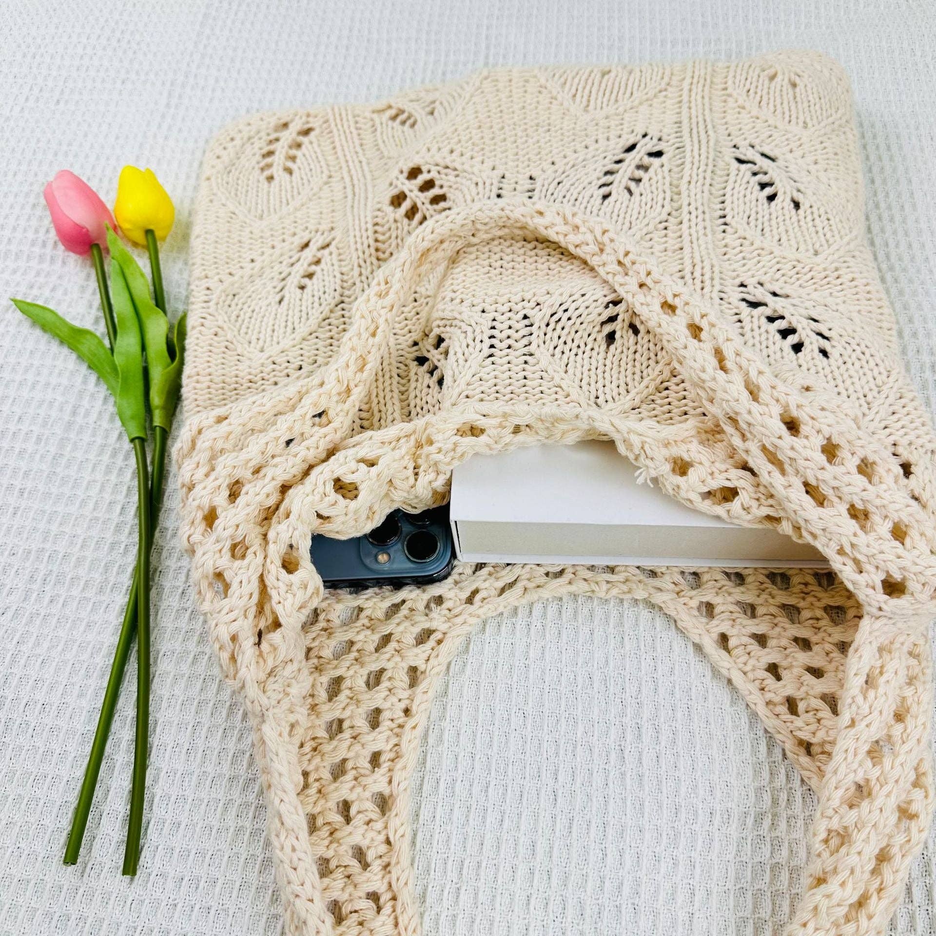 Solid Color Hollow Out Knit Shoulder Tote Bag DPB1606