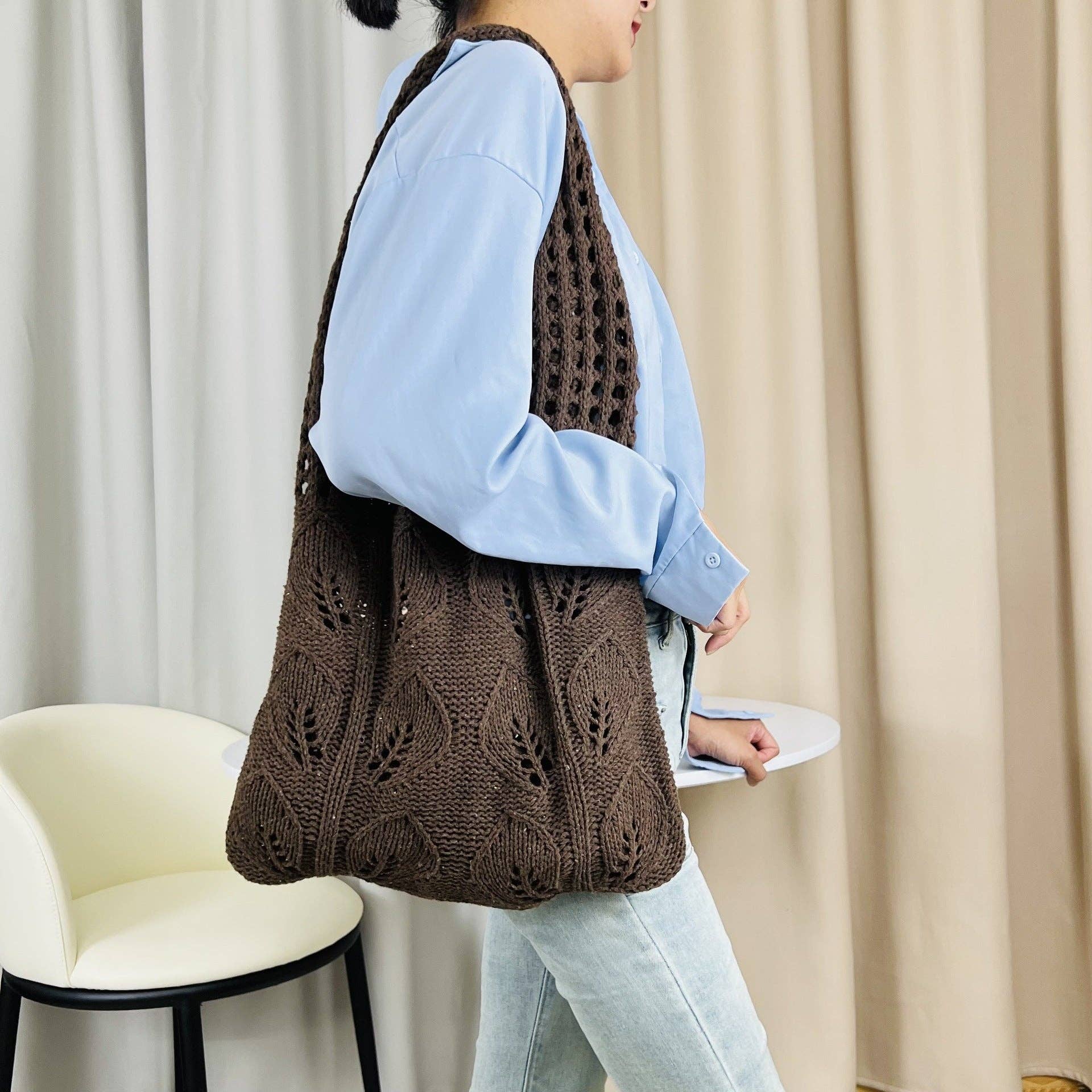 Solid Color Hollow Out Knit Shoulder Tote Bag DPB1606
