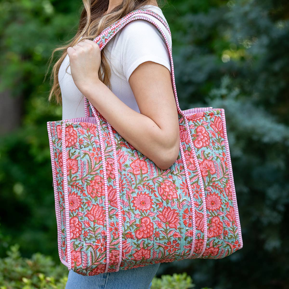 Pink Carnations Quilted Block-Printed Tote