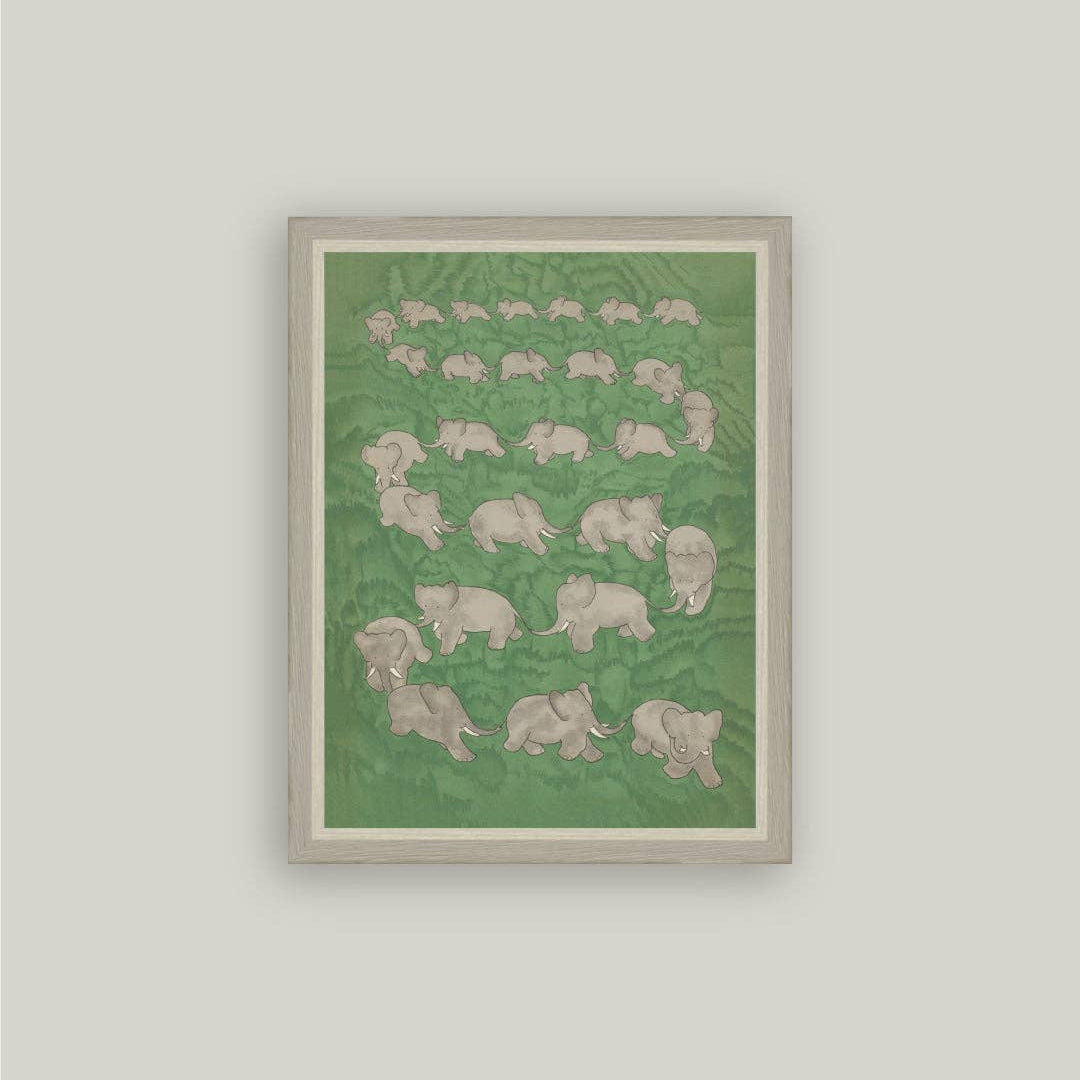 Framed artwork with elephant pattern on a green background