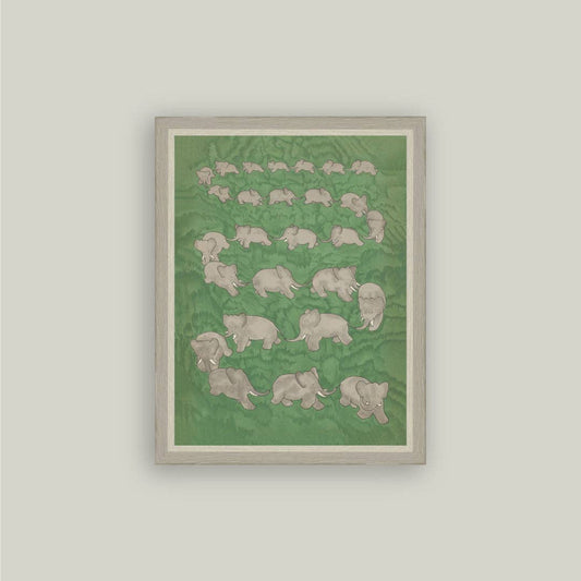 Framed artwork with elephant pattern on a green background