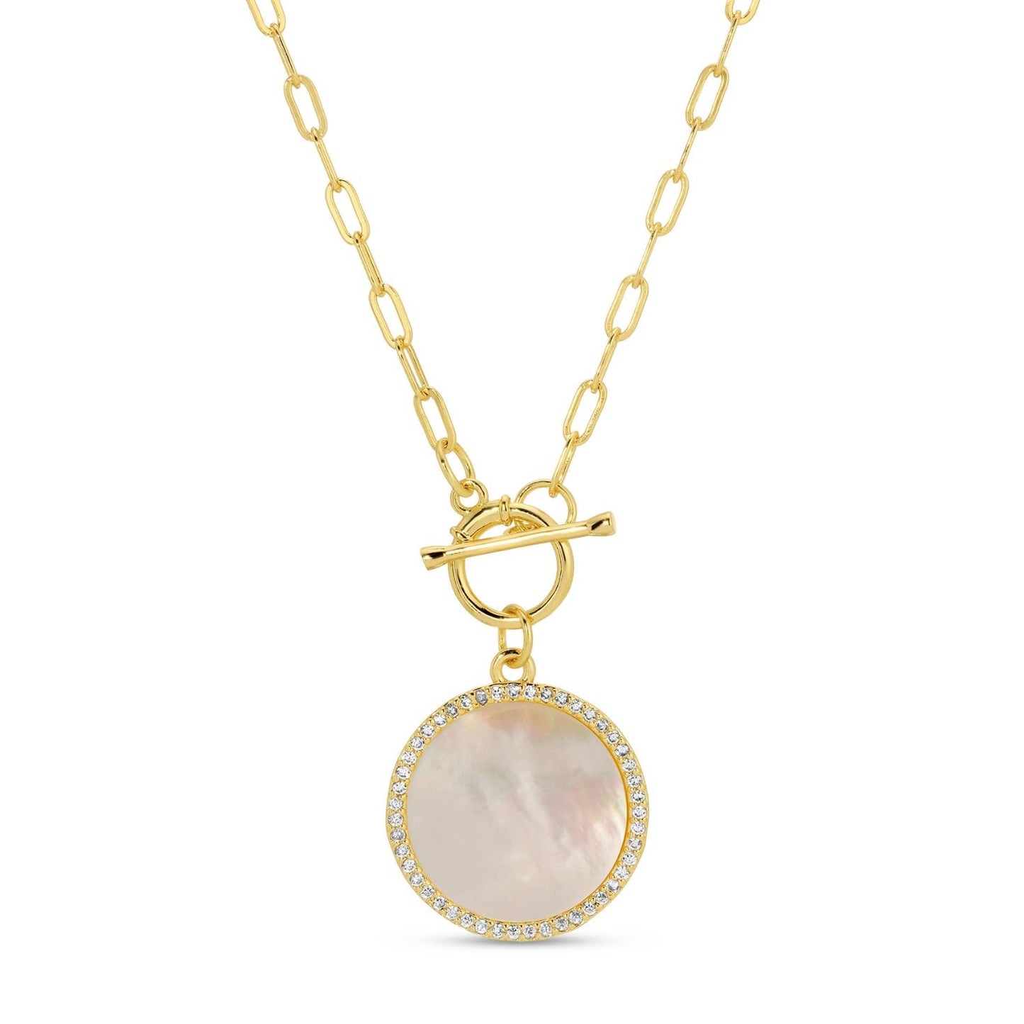 Gold necklace with a round pendant on a white background