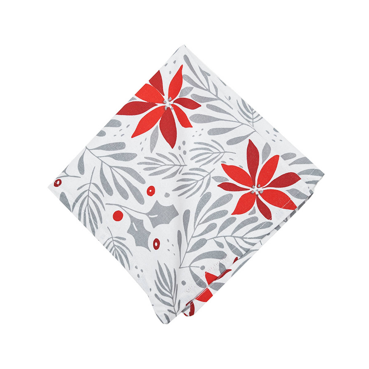 A square white fabric napkin or cloth featuring a festive holiday print of red poinsettias, gray holly leaves, and small red berries, shown on a plain white background.