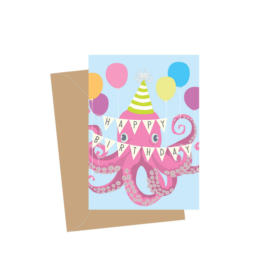 Birthday card with a pink octopus and colorful balloons on a blue background, featuring a brown envelope.