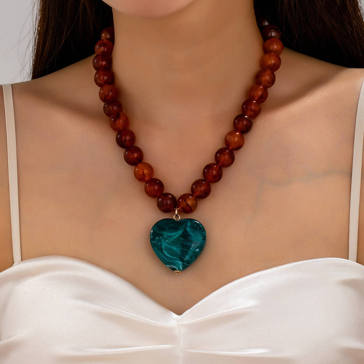 Marbled Bead Heart Statement Necklace