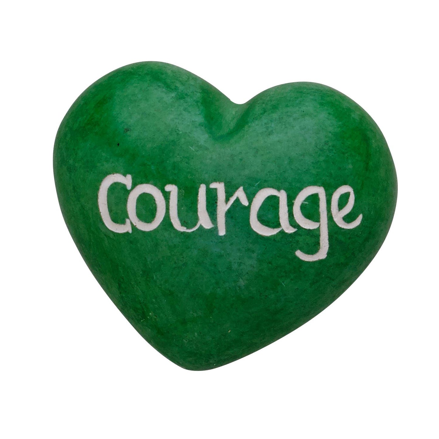 Green heart-shaped stone with 'Courage' engraved on a white background