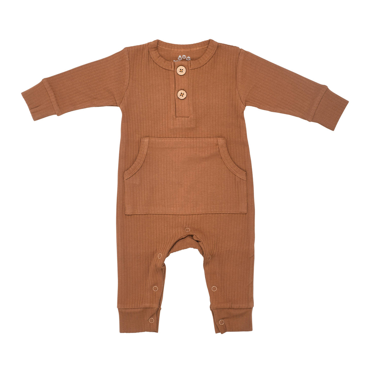 Brown baby onesie with button details on a white background
