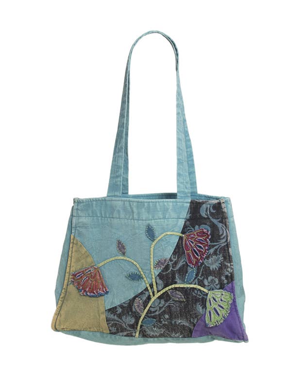 Large Embroidered Tote Bag with Embroidered Flower Design