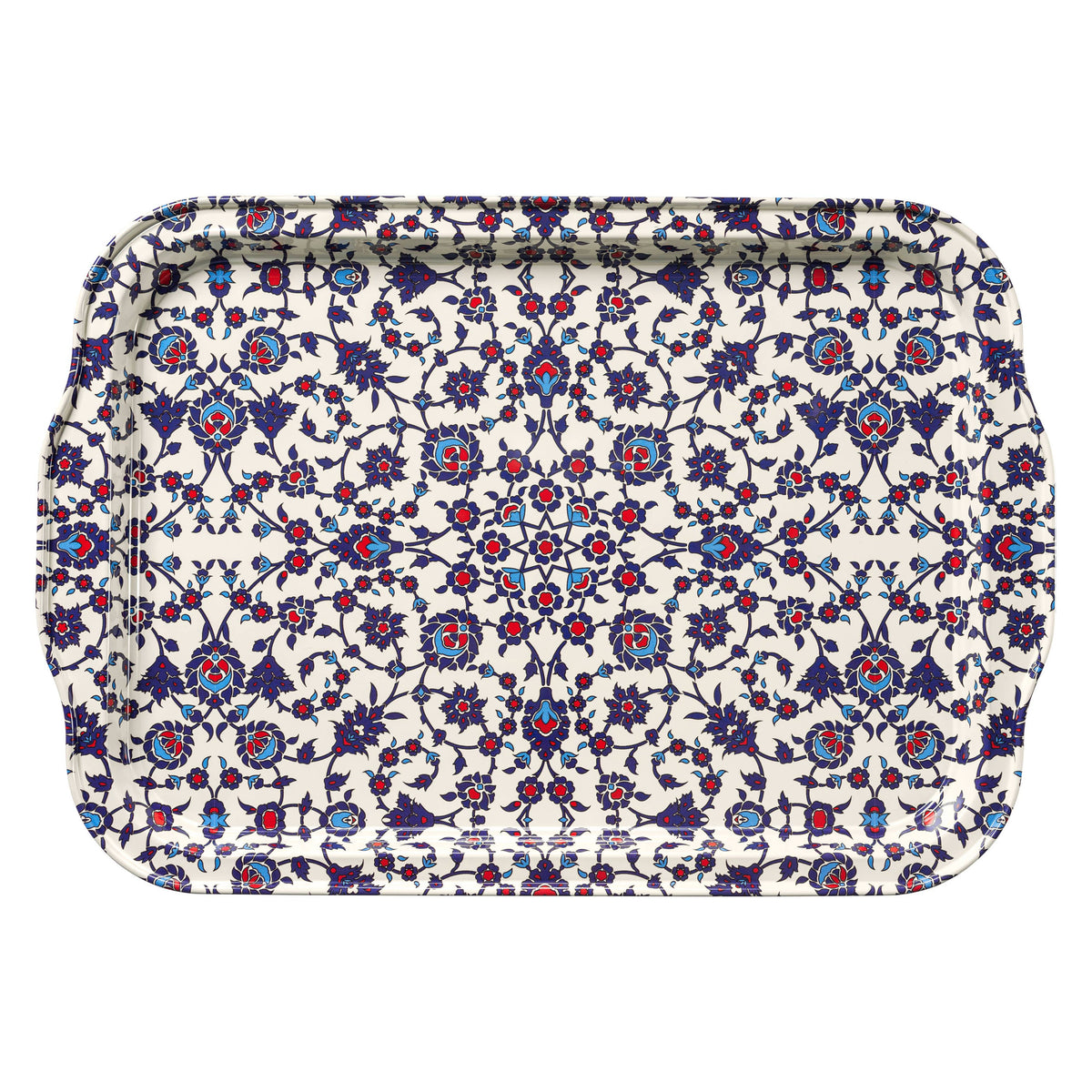 white serving tray with blue and red designs 