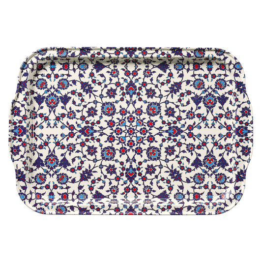 white serving tray with blue and red designs 