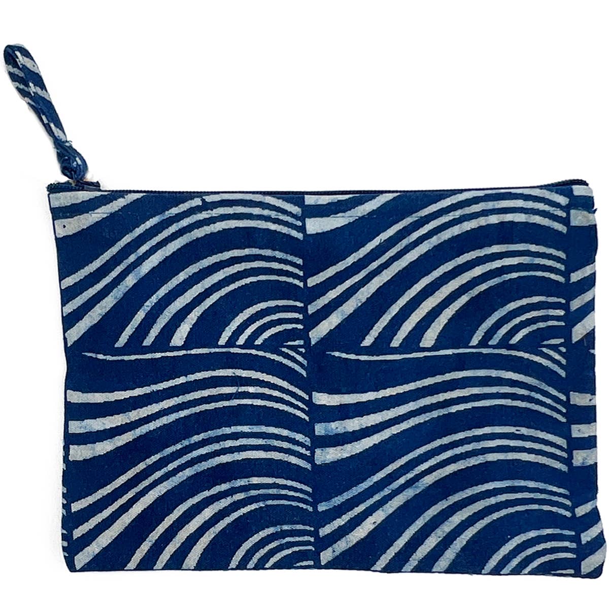 Blue pouch with white wave pattern on a white background