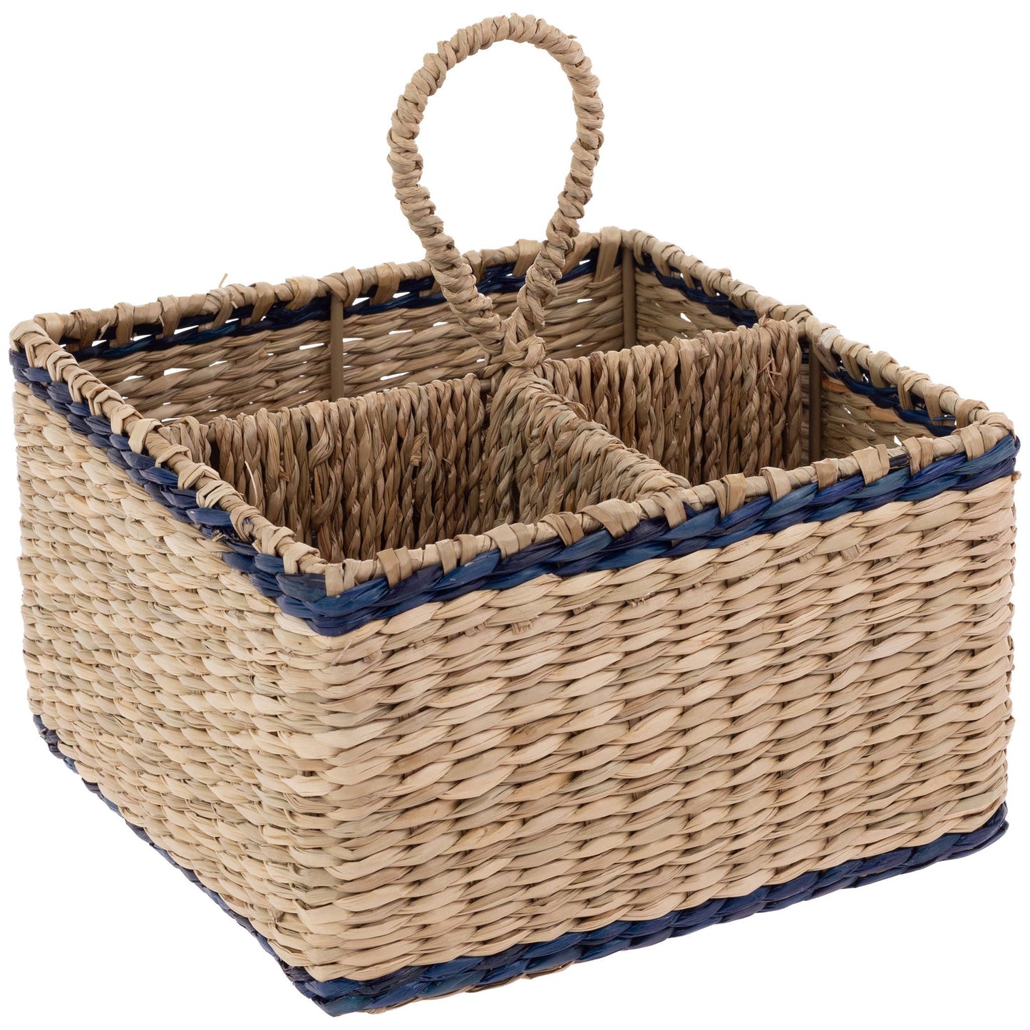 Woven basket with blue accents on a white background