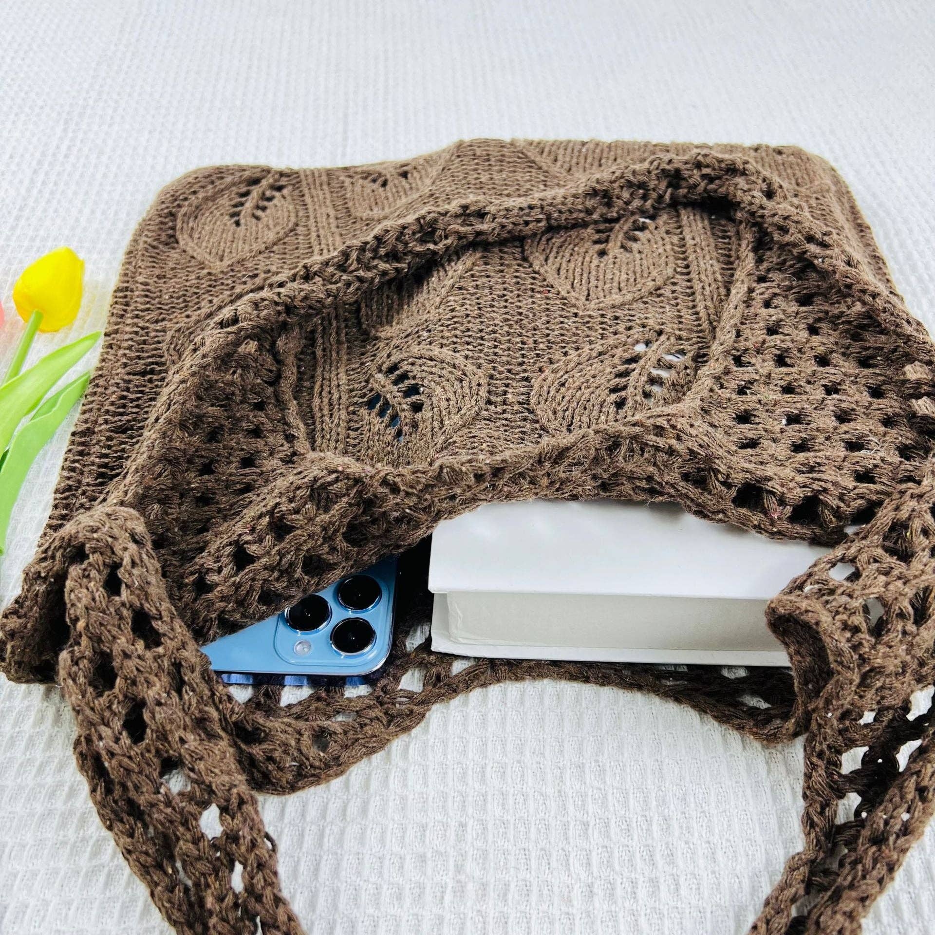 Solid Color Hollow Out Knit Shoulder Tote Bag DPB1606
