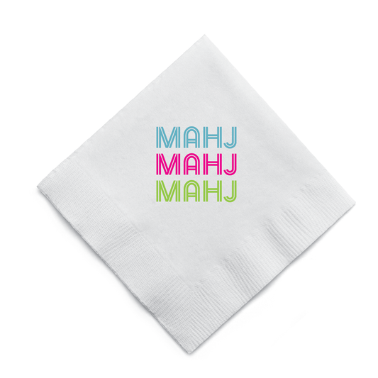 White napkin with colorful 'MAHJ' text on a white background