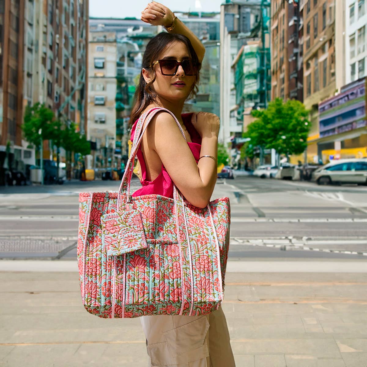 Pink Carnations Quilted Block-Printed Tote