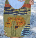 Light Green Stonewash Cotton Shoulder Bag with Sunflower Art