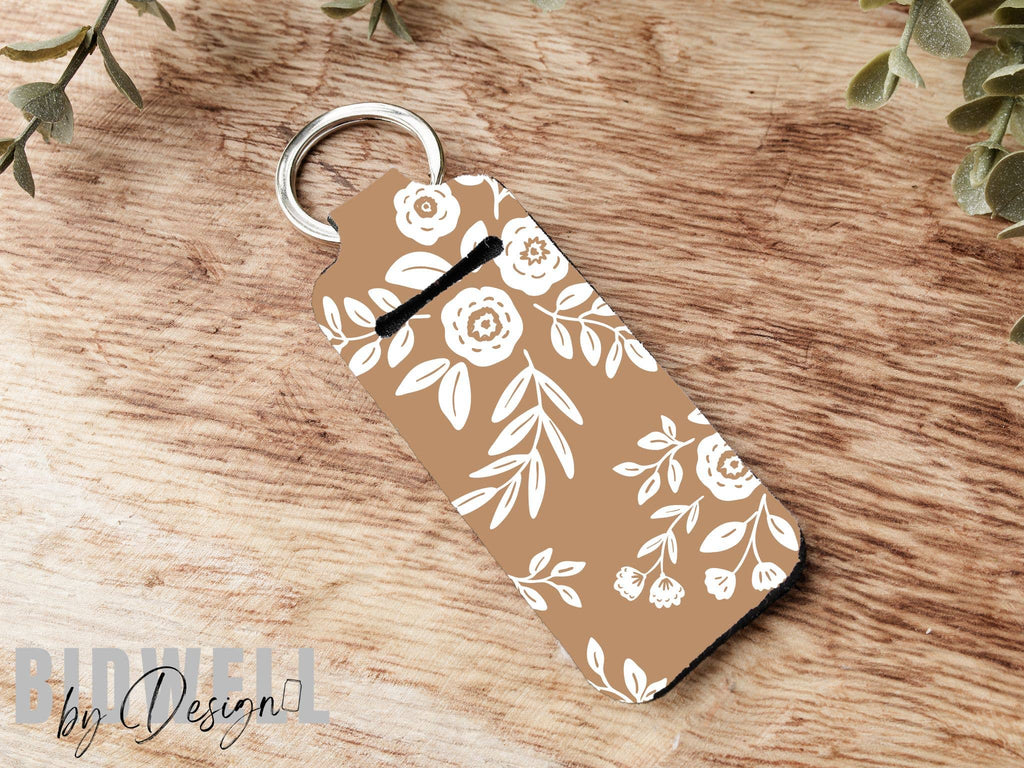 Boho Tan Floral Chapstick Holder Keychain