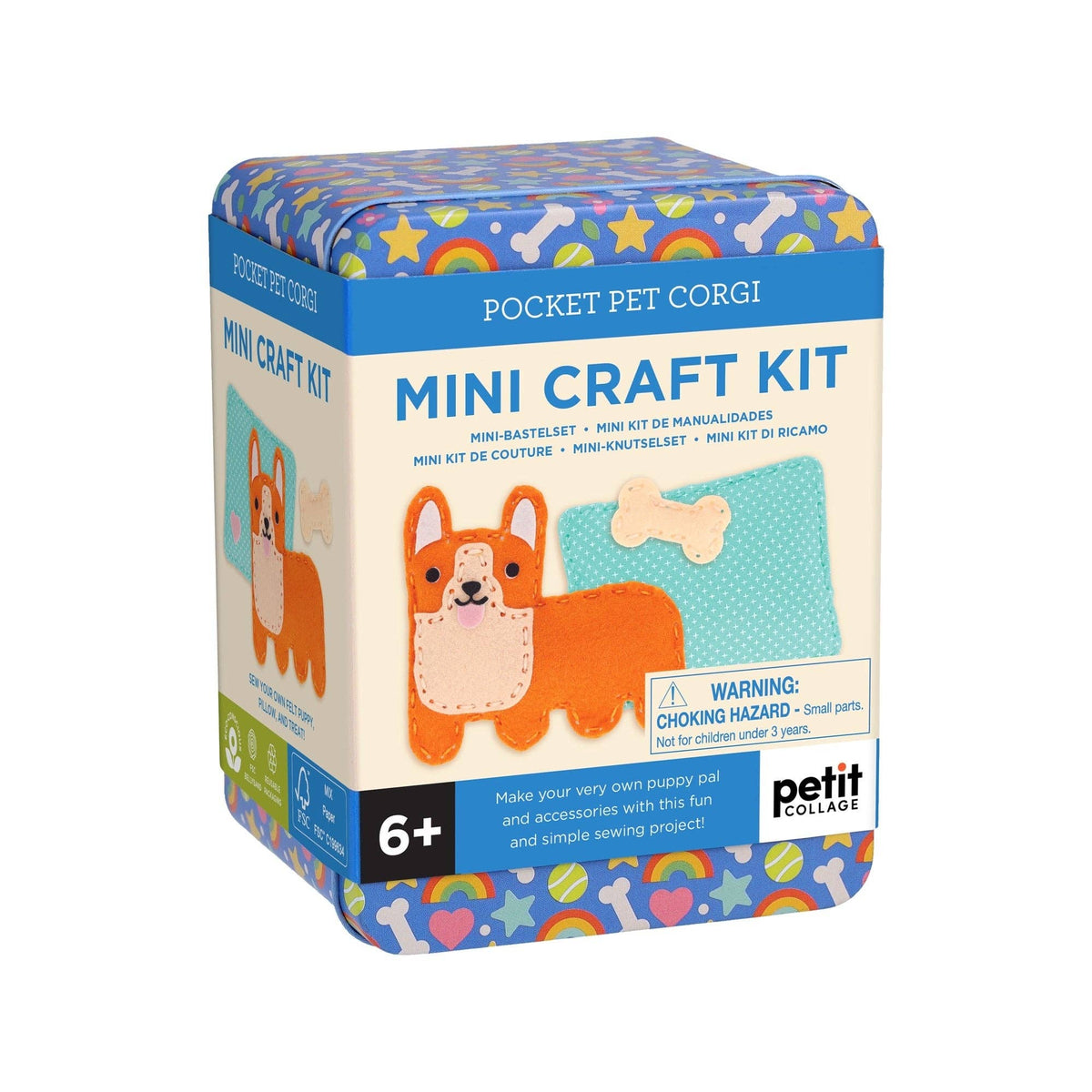 Mini craft kit packaging with a dog illustration on a white background