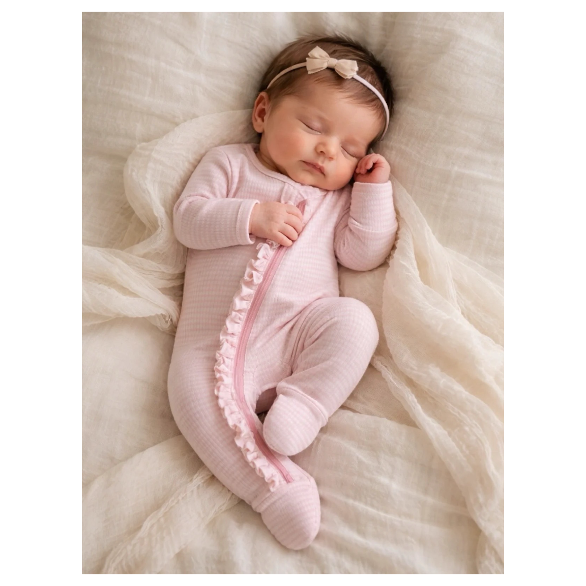 A sleeping newborn baby wearing a light pink footed sleeper with a ruffled zipper trim and a matching beige bow headband, lying on a soft cream-colored textured blanket.
