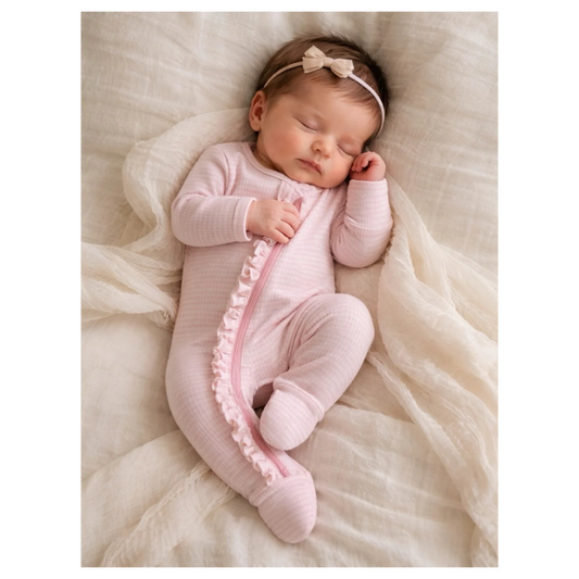 A sleeping newborn baby wearing a light pink footed sleeper with a ruffled zipper trim and a matching beige bow headband, lying on a soft cream-colored textured blanket.