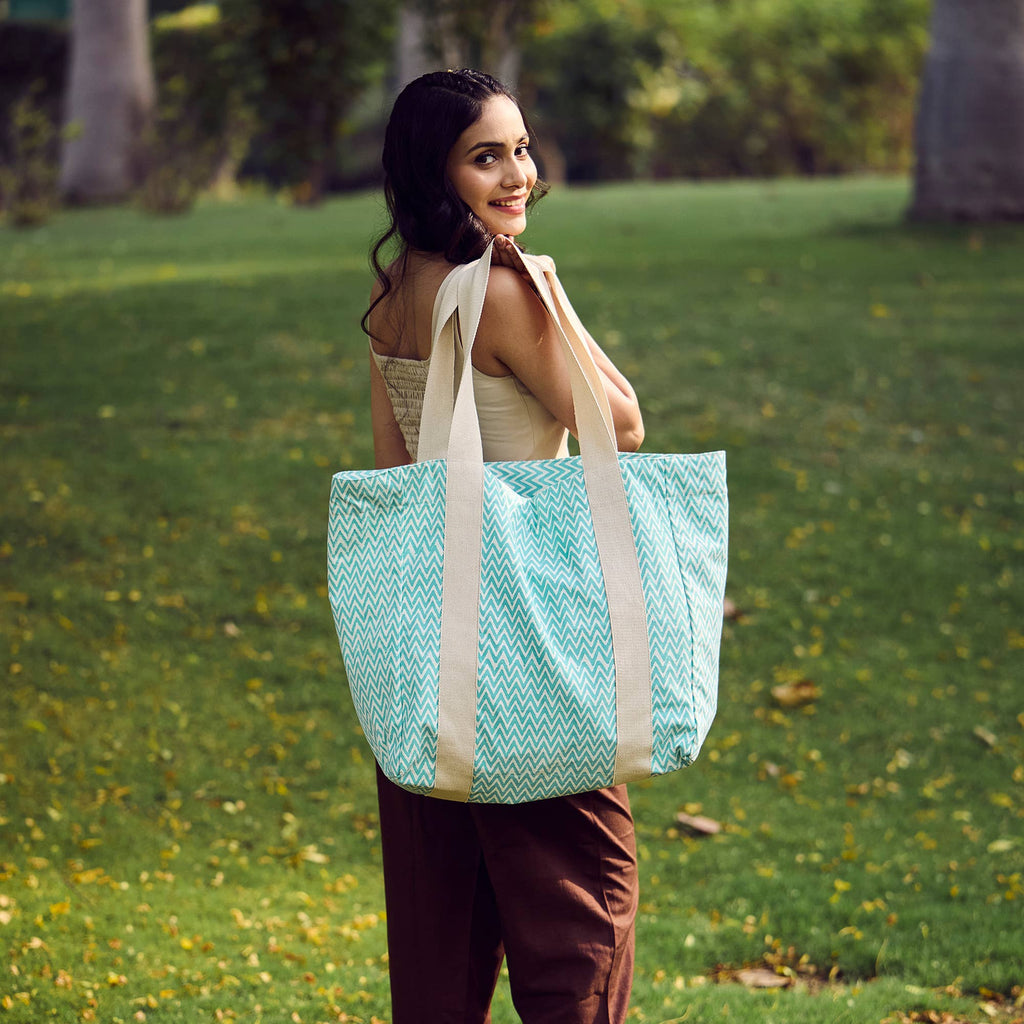 Canvas Bag with Block-Printed Aqua Zigzag