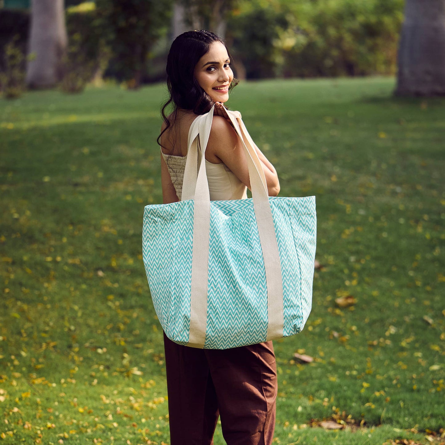 Canvas Bag with Block-Printed Aqua Zigzag