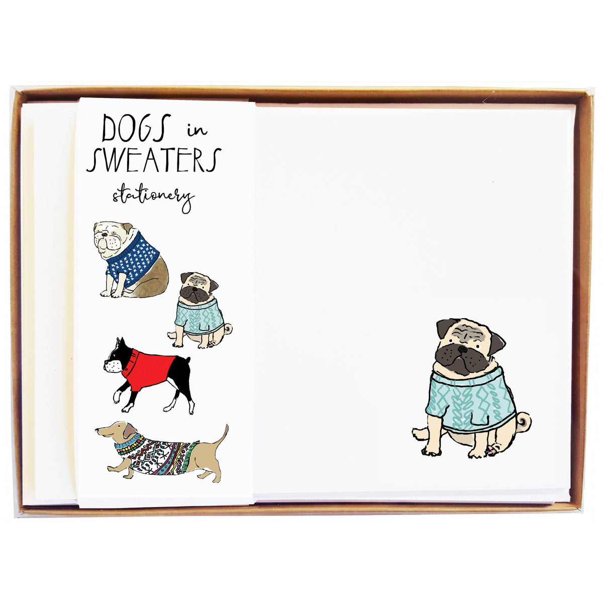 A boxed set of stationery cards featuring illustrated dogs wearing sweaters. The left card reads 'DOGS in SWEATERS stationery' and shows four dog drawings in different sweater colors, while the right card shows a larger pug-style dog in a light blue sweater.