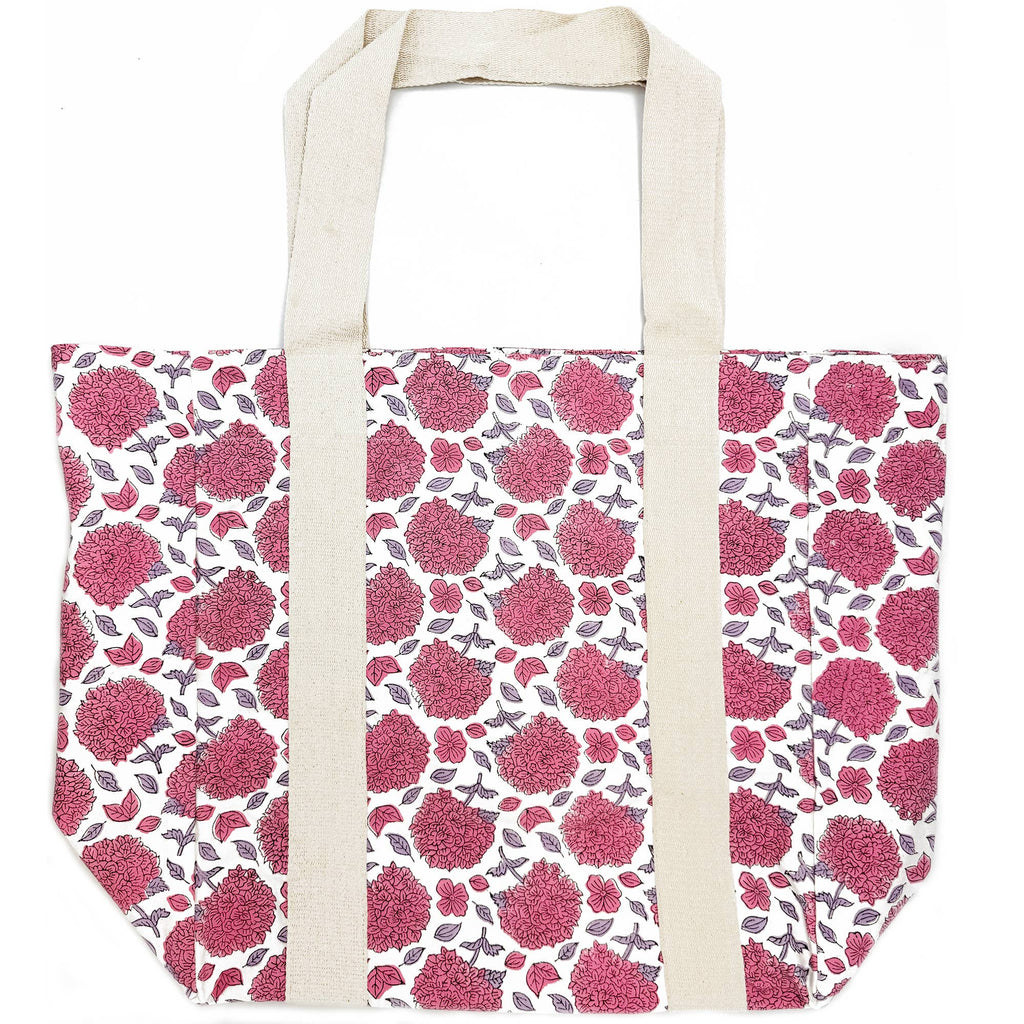 Handcrafted Canvas Bag with Block-Printed Hydrangeas