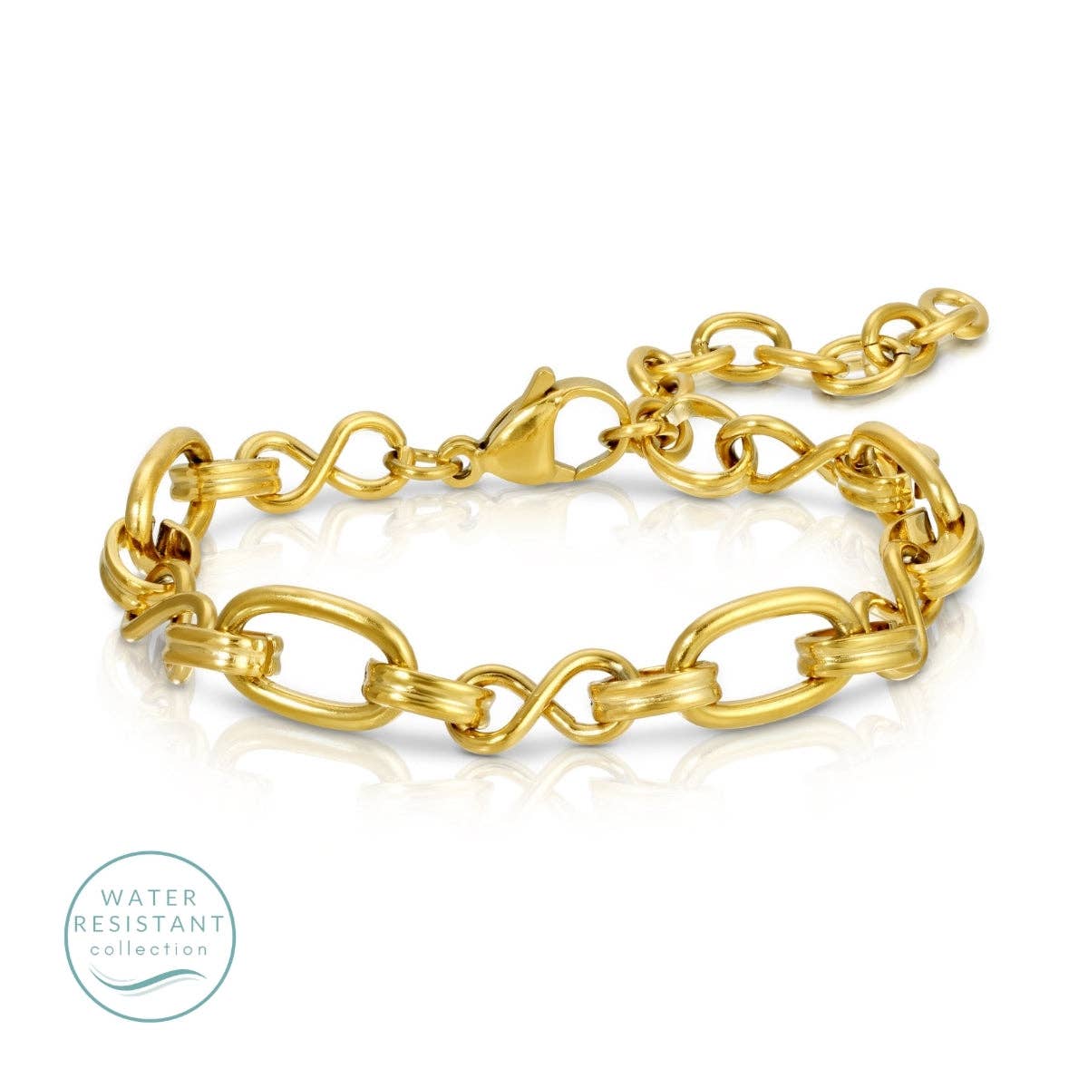 A gold chain bracelet with alternating oval and infinity link segments, displayed on a clean white background with a subtle reflection. A circular 'Water Resistant Collection' logo is visible in the bottom-left corner.