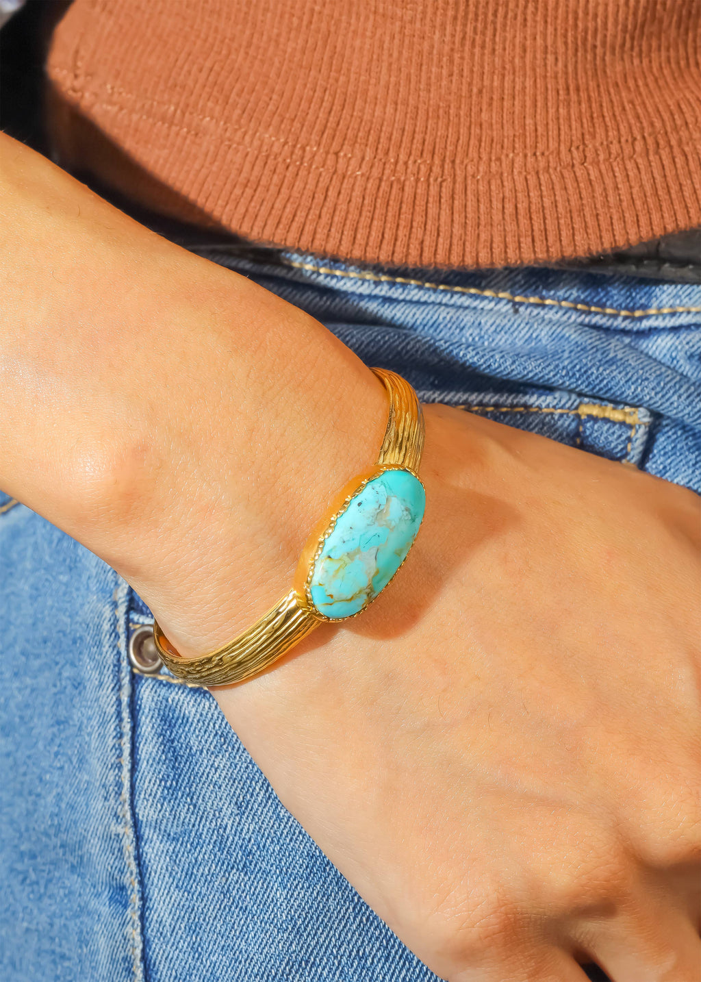 Textured Gold Plated Mohave Turquoise Stone Cuff Bracelet