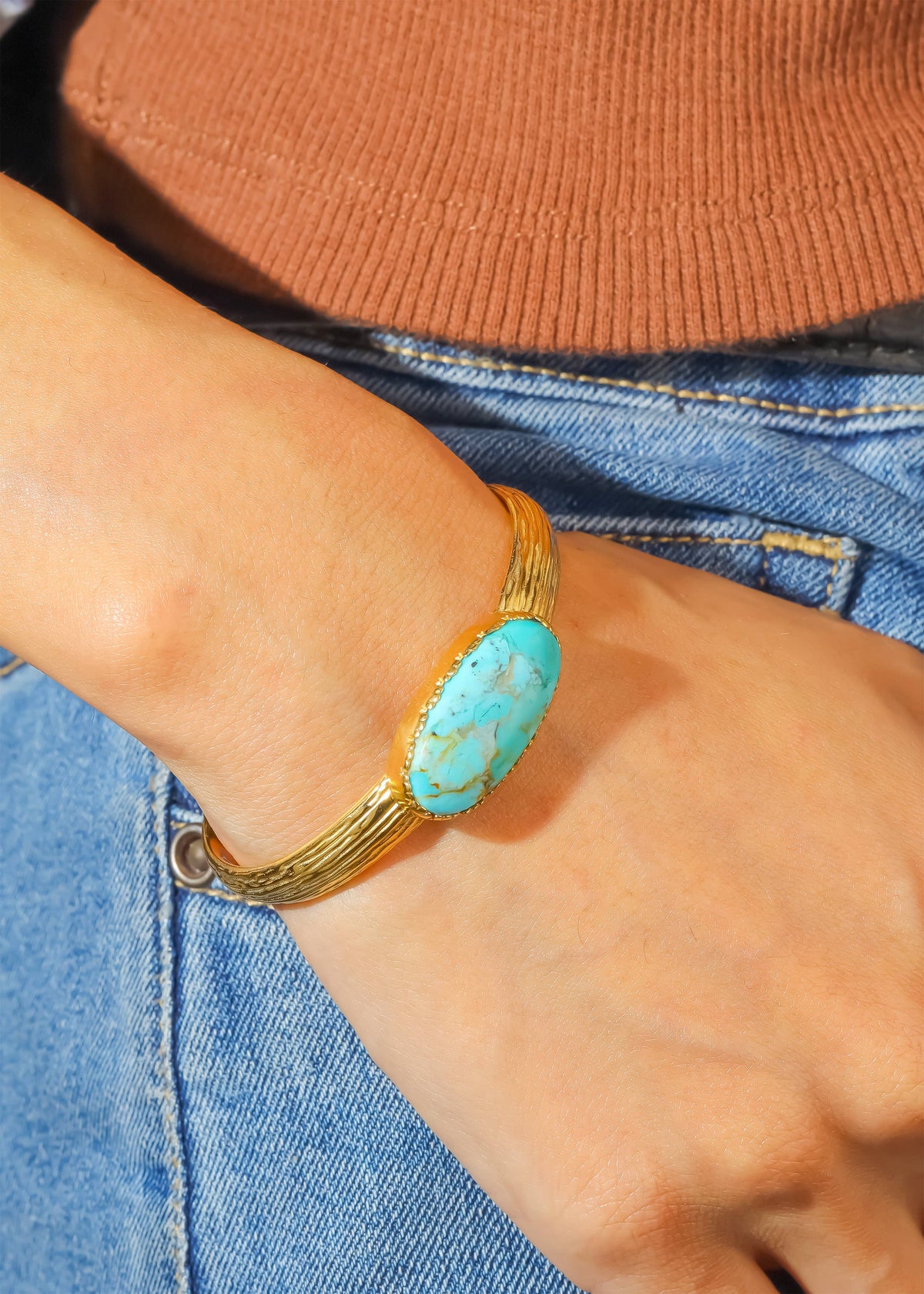 Textured Gold Plated Mohave Turquoise Stone Cuff Bracelet