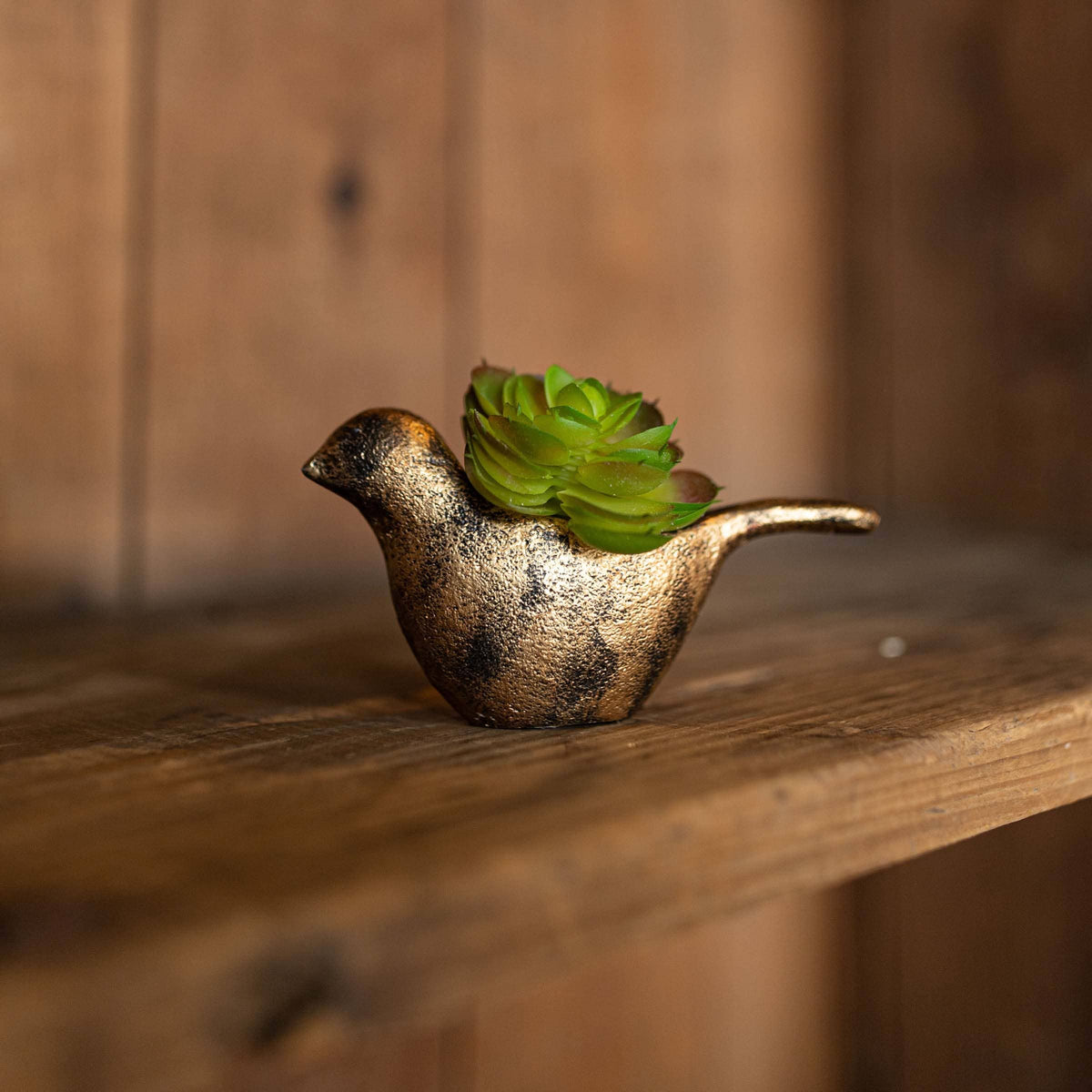 antique brass bird mini planter w 
succulent in it