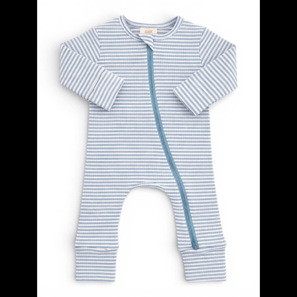 A baby long-sleeve footless one-piece sleeper with light blue and white horizontal stripes and a light blue front zipper. The brand name 'SIX' is visible on the inner neck label.