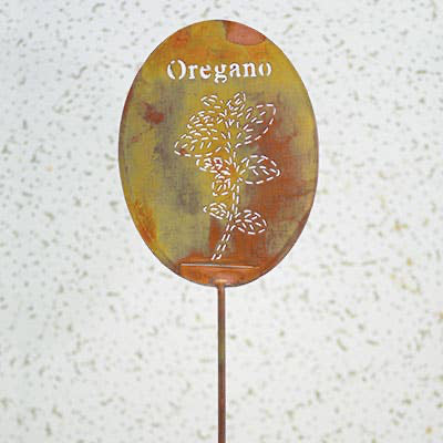 Decorative garden stake with 'Oregano' text and plant illustration on a textured white background