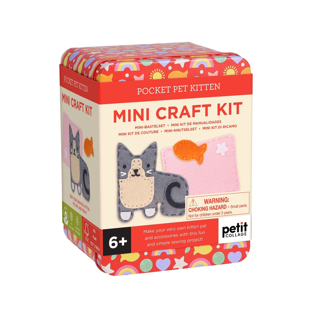 A boxed craft kit labeled 'Pocket Pet Kitten Mini Craft Kit' in a red-and-white tin with colorful kitten-themed graphics. The front shows a felt cat and a pink felt fish, and the brand name Petit Collage appears at the bottom.