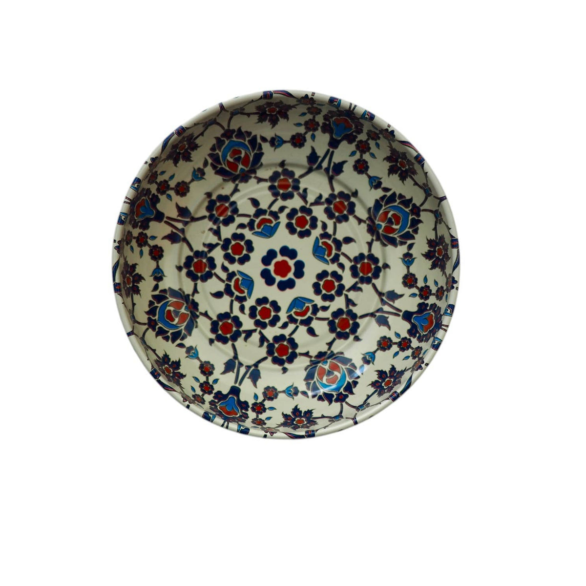 white mini bowl w red and blue designs