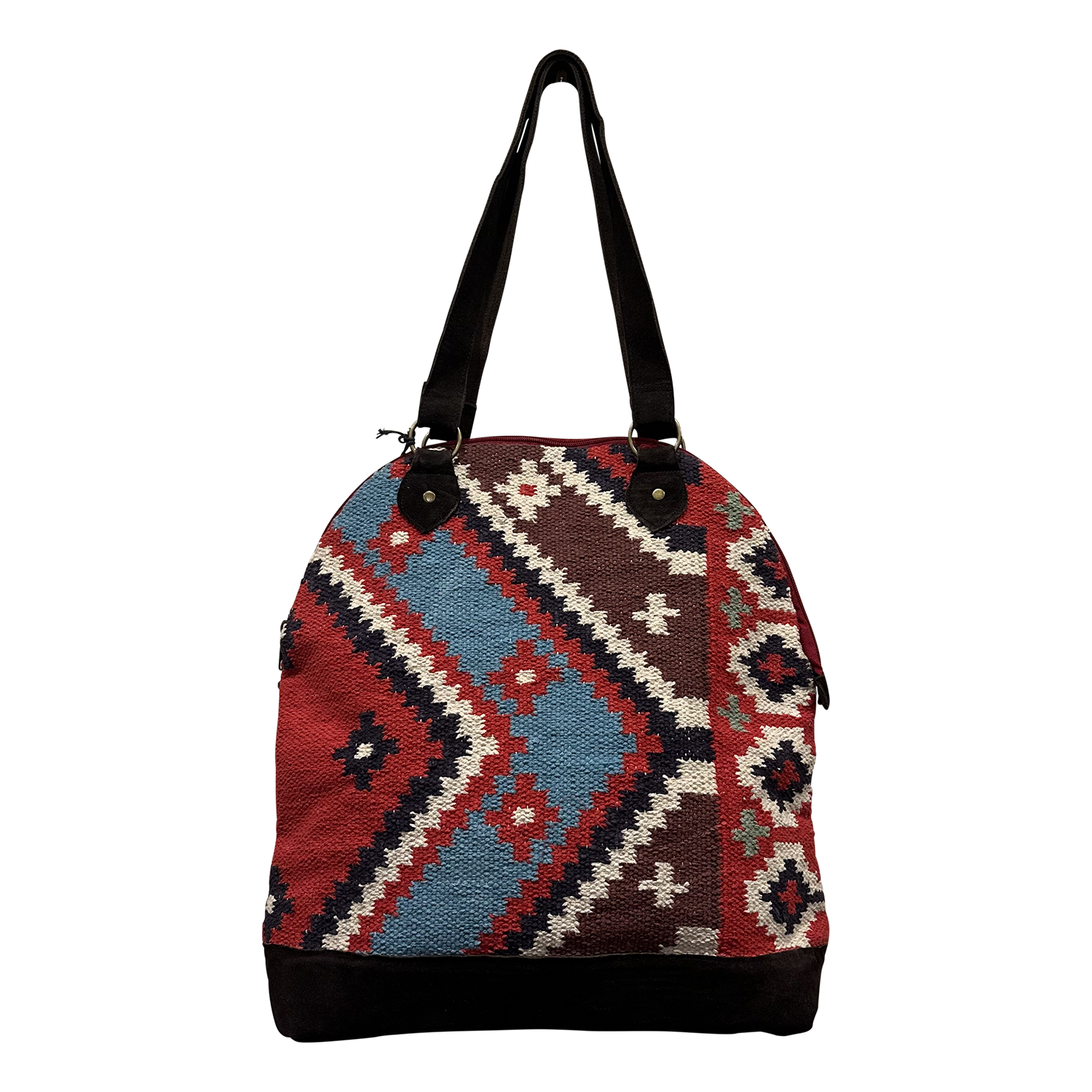A woven shoulder bag with a geometric kilim pattern in red, blue, brown, and cream, featuring black straps and a black bottom base, shown against a plain white background.