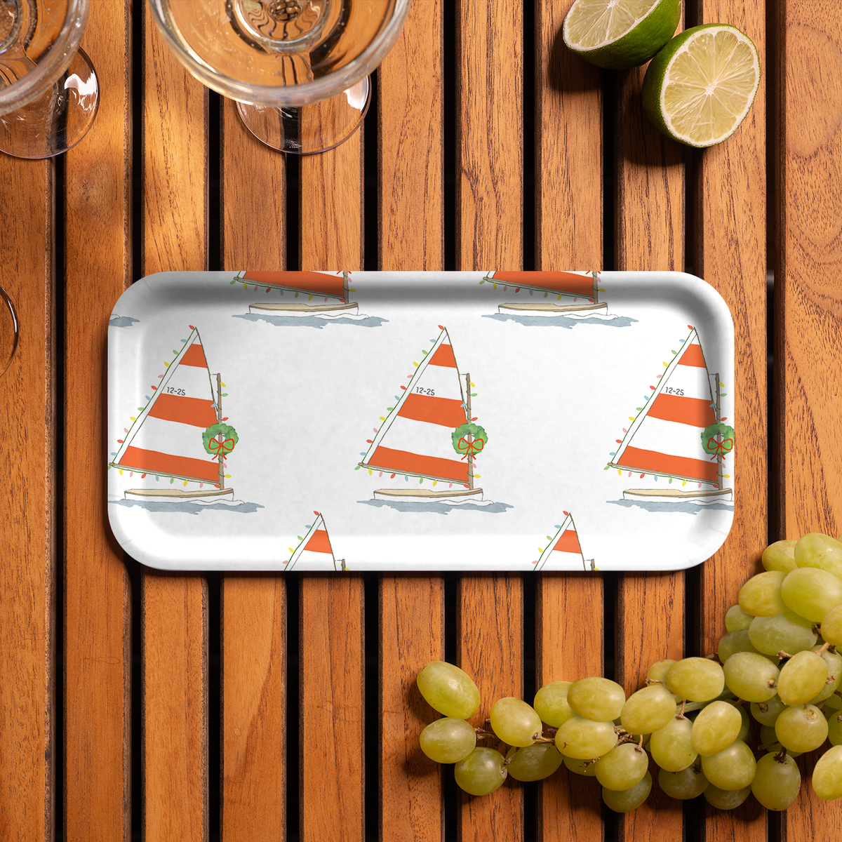 Holiday Sailboat Coastal Christmas Birchwood Serving Tray