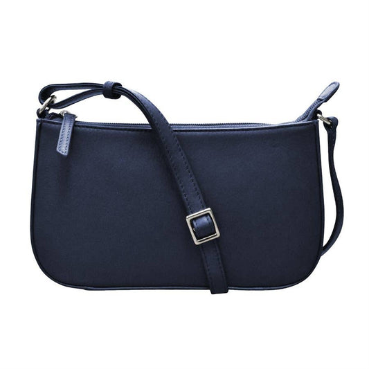 Navy blue handbag with a strap on a white background