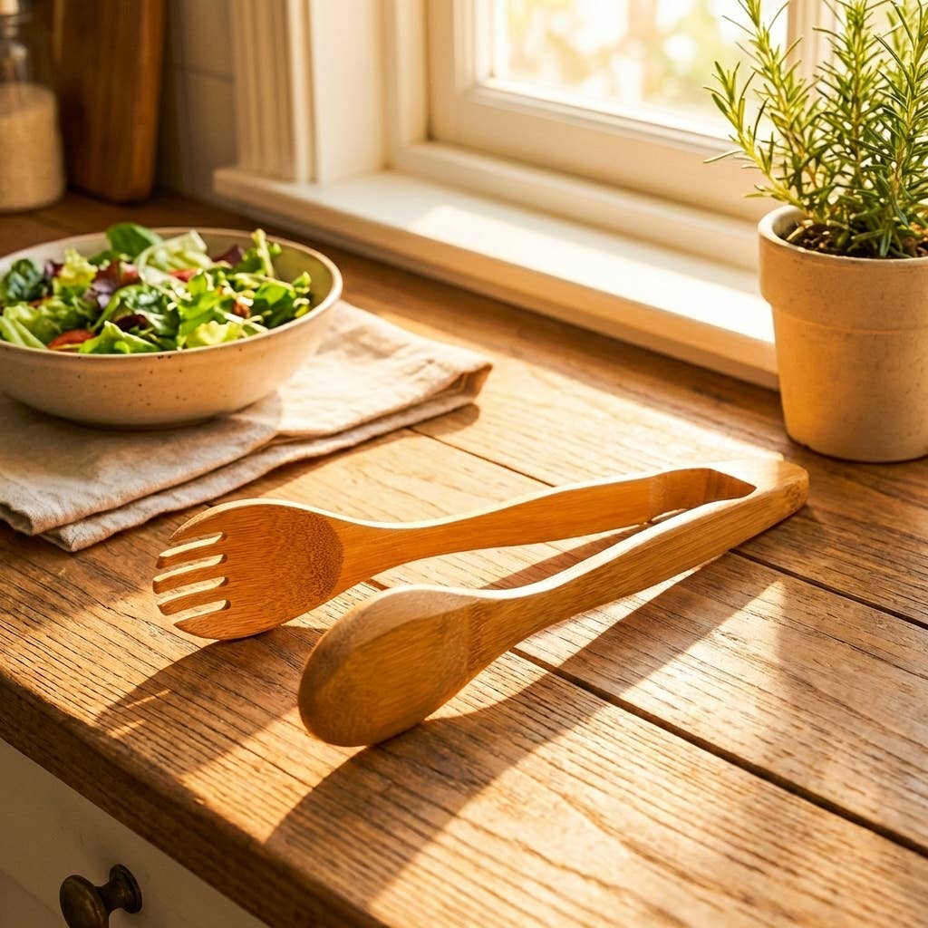 Wooden salad tongs and fork on a wooden table with a bowl of salad and a plant in the background.